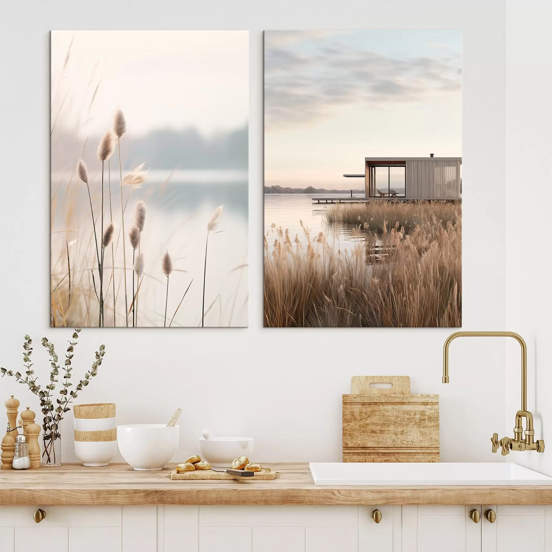 Paveikslėlis Minkšti nendrės prie ramaus ežero ir moderni kabina krante m00970