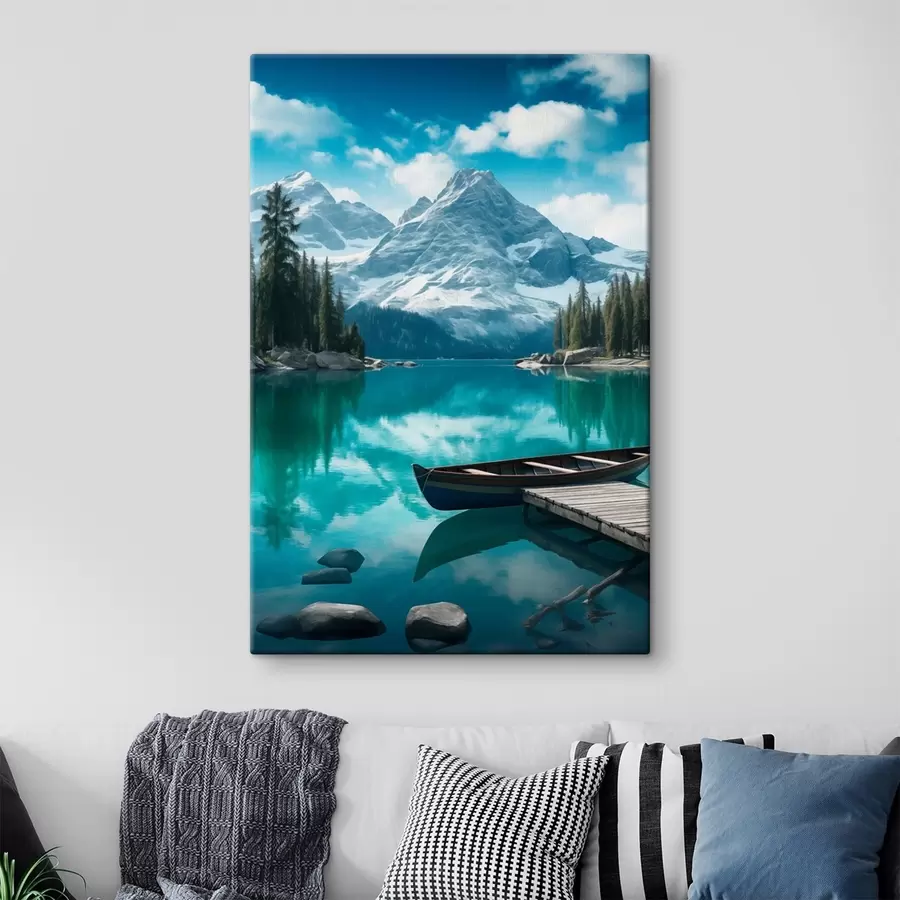 Paveikslėlis Alpių ežeras su kanoja ir snieguotomis viršūnėmis s46481