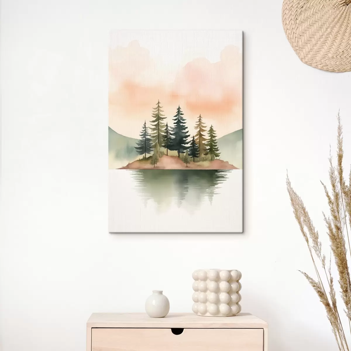Paveikslėlis Akvarelinės pušys ant rūko apgaubtos salelės, švelnus persikų spalvos dangus s46505