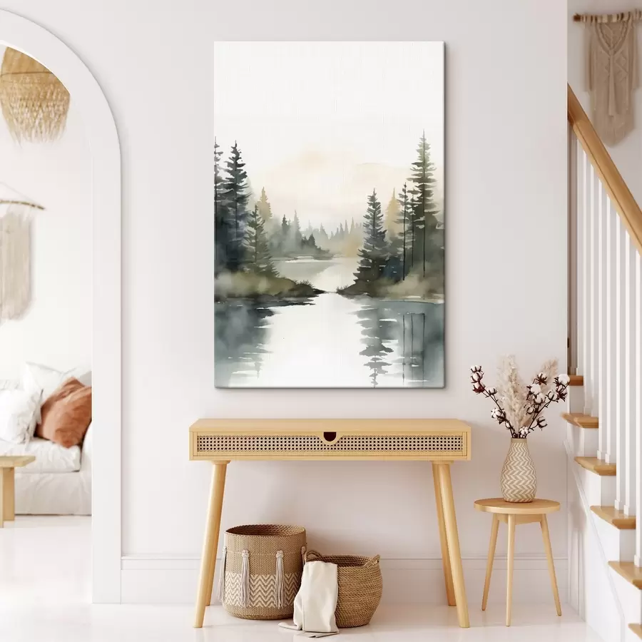 Paveikslėlis Rūko apgaubtas spygliuočių miškas virš ramios upės, akvarelės stiliumi s46507