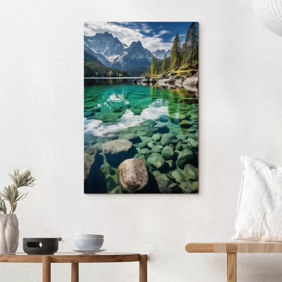 Paveikslėlis Smaragdo spalvos kalnų ežeras su uolomis apačioje ir aukštomis viršūnėmis s46515