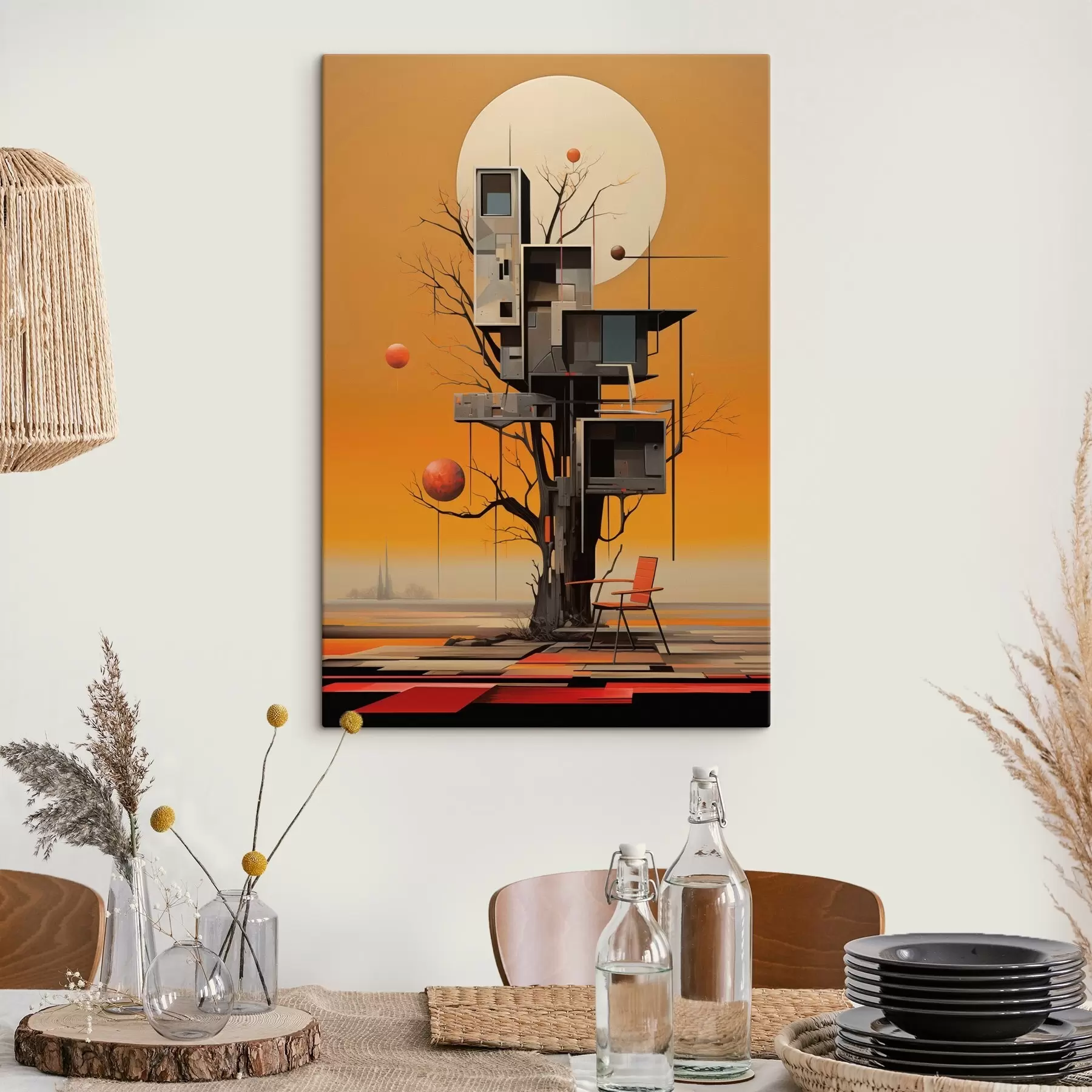 Paveikslėlis Surreališkas namelis medyje oranžiniame fone s46526