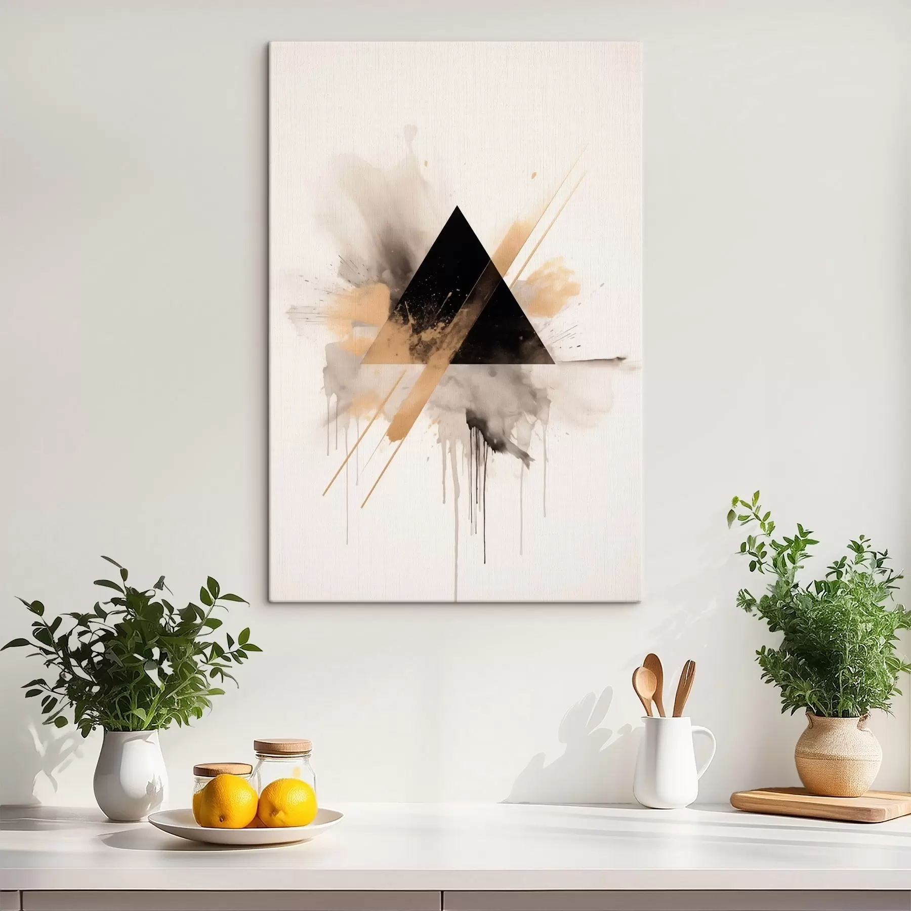 Paveikslėlis Geometrija: juodas trikampis su šviesiais purslais ir linijomis s46540