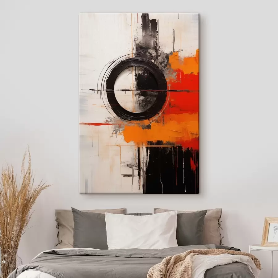 Paveikslėlis Juodas apskritimas ant balto fono, oranžiniai potėpiai ir purslai s46549