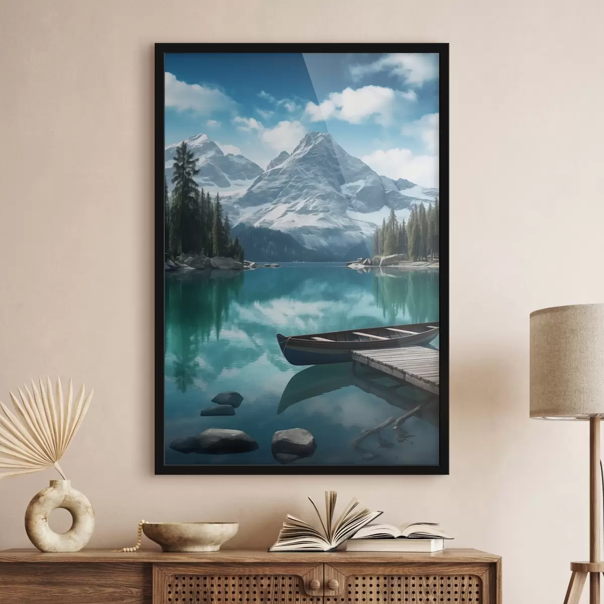 Plakatas Alpių ežeras su kanoja ir snieguotomis viršūnėmis f46481