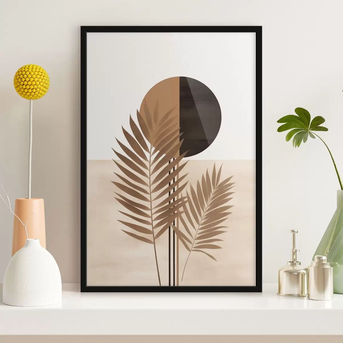 Plakatas Dvi palmių lapų su padalintu apskritimu saulės motyvu f46491