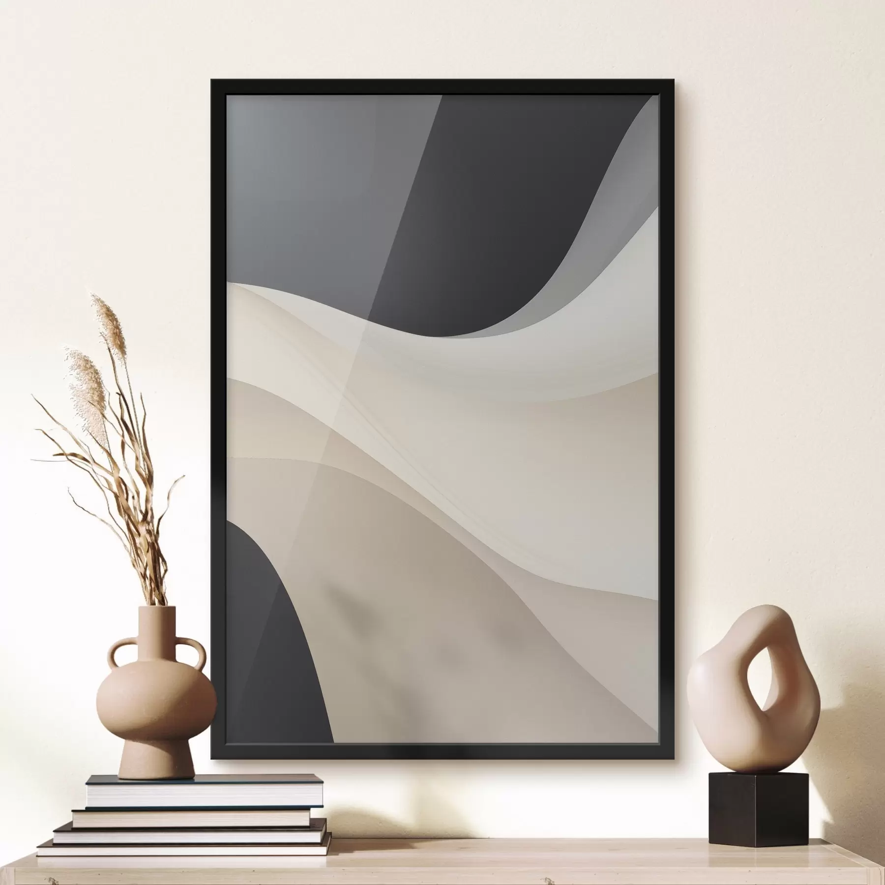 Fototapetai Sluoksniuotos tekančios kreivės juodos, kreminės ir pilkos spalvos f46492