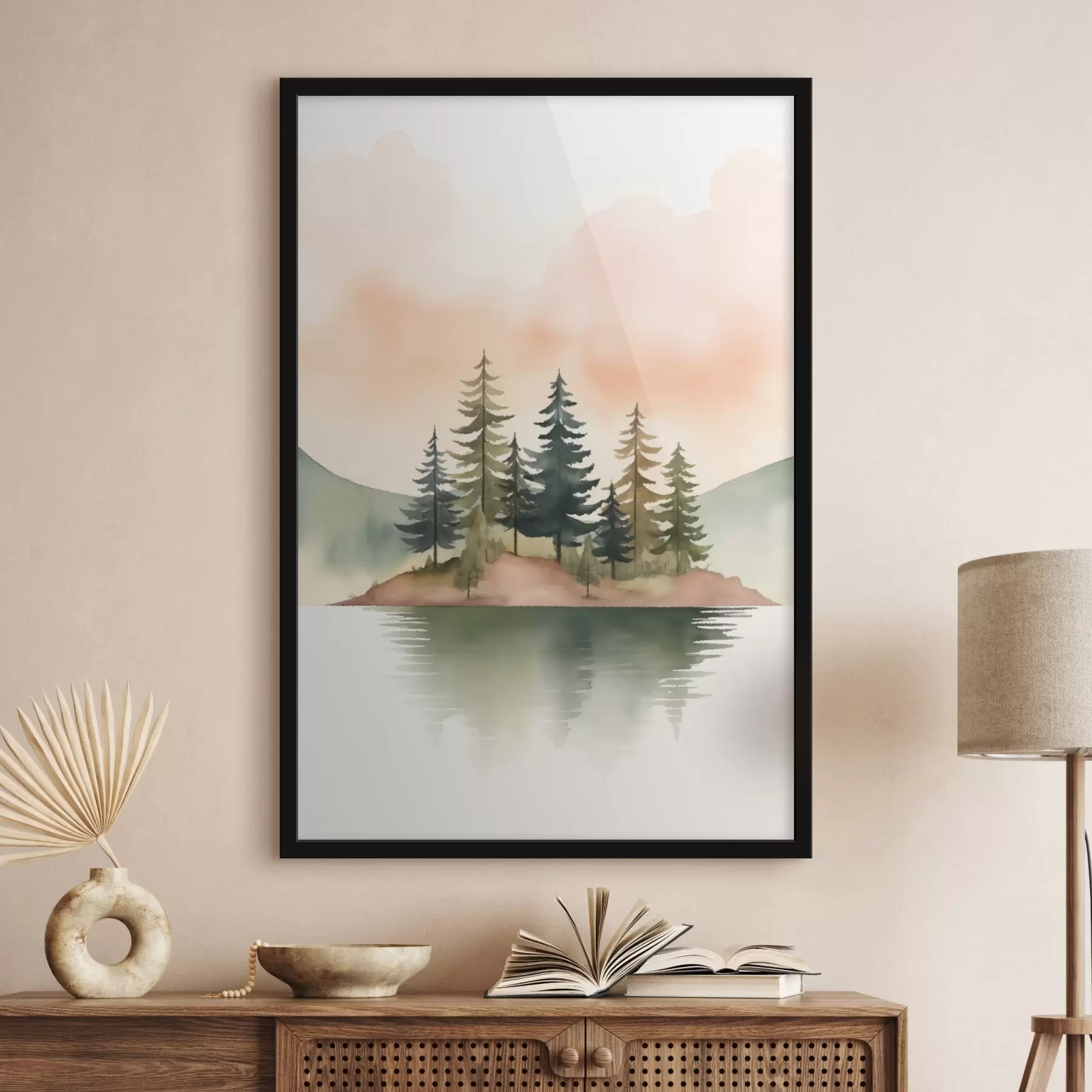 Fototapetai Akvarelinės pušys ant rūko apgaubtos salelės, švelnus persikų spalvos dangus f46505