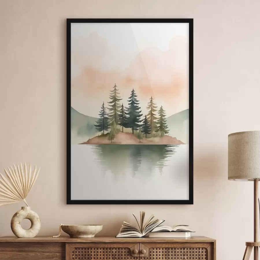 Fototapetai Akvarelinės pušys ant rūko apgaubtos salelės, švelnus persikų spalvos dangus f46505