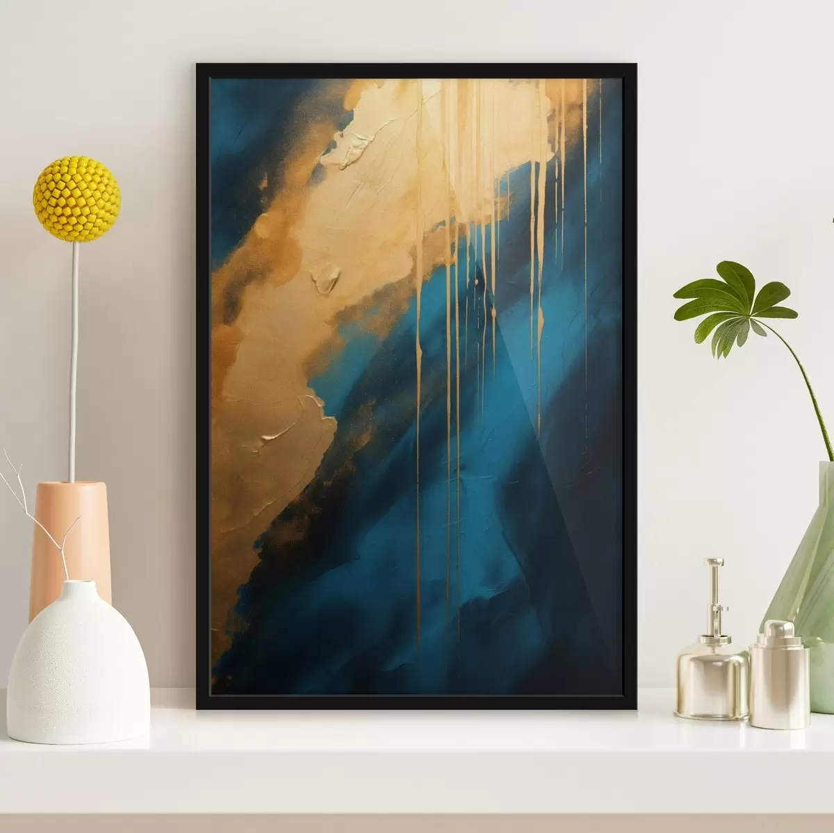 Plakatas Žalios ir tamsiai mėlynos spalvos abstraktus piešinys su tekančiais šiltais akcentais f46509