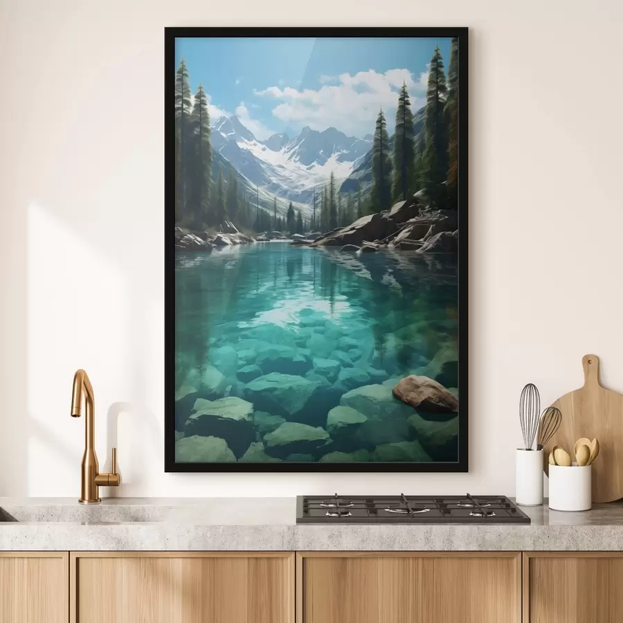 Fototapetai Skaidri alpių upė su uolėtu dugnu ir snieguotomis viršūnėmis f46514