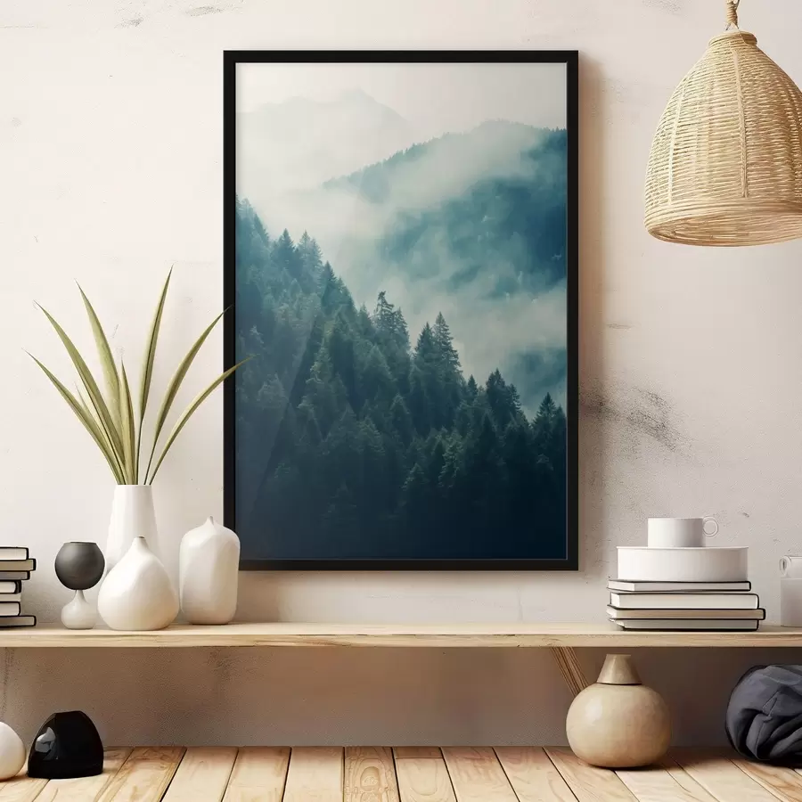 Fototapetai Rūko apgaubti kalnų keteros ir tamsūs spygliuočių miškai f46518