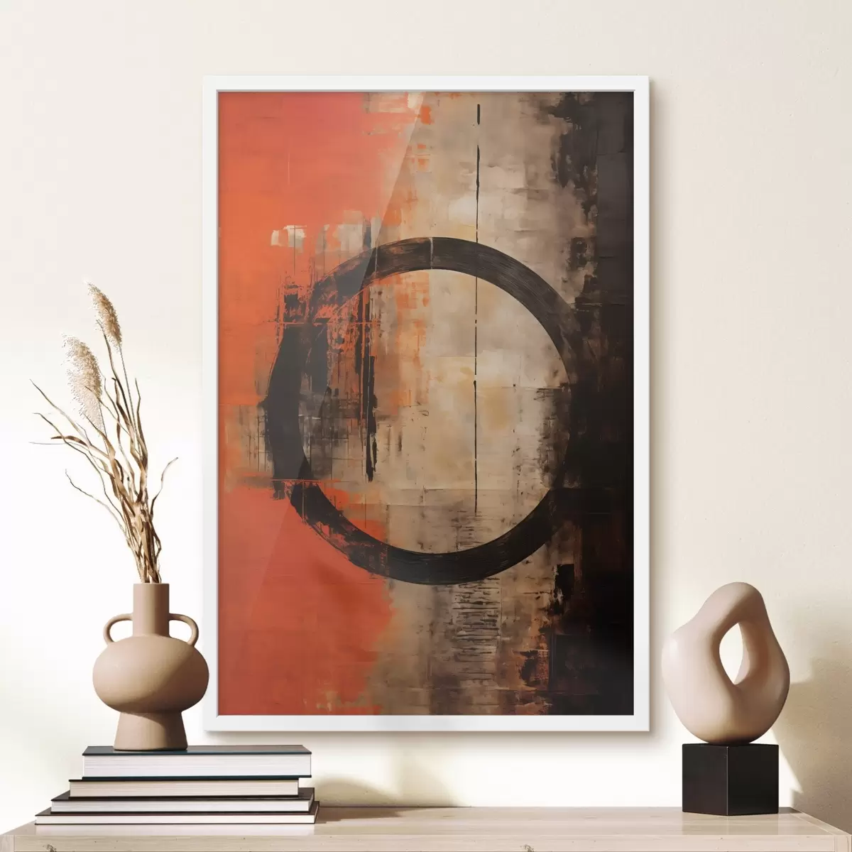 Plakatas Abstraktus su dideliu juodu ratu ir šiltomis tekstūromis f46528