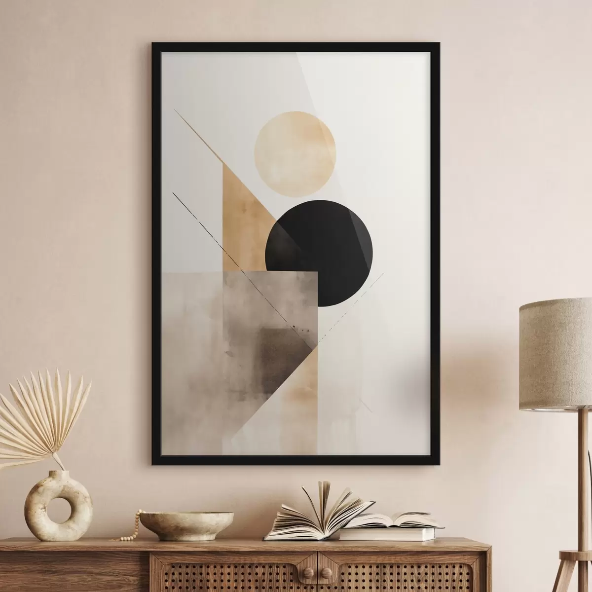 Plakatas Minimalistinė kompozicija: apskritimas, trikampis ir plokštumos f46532