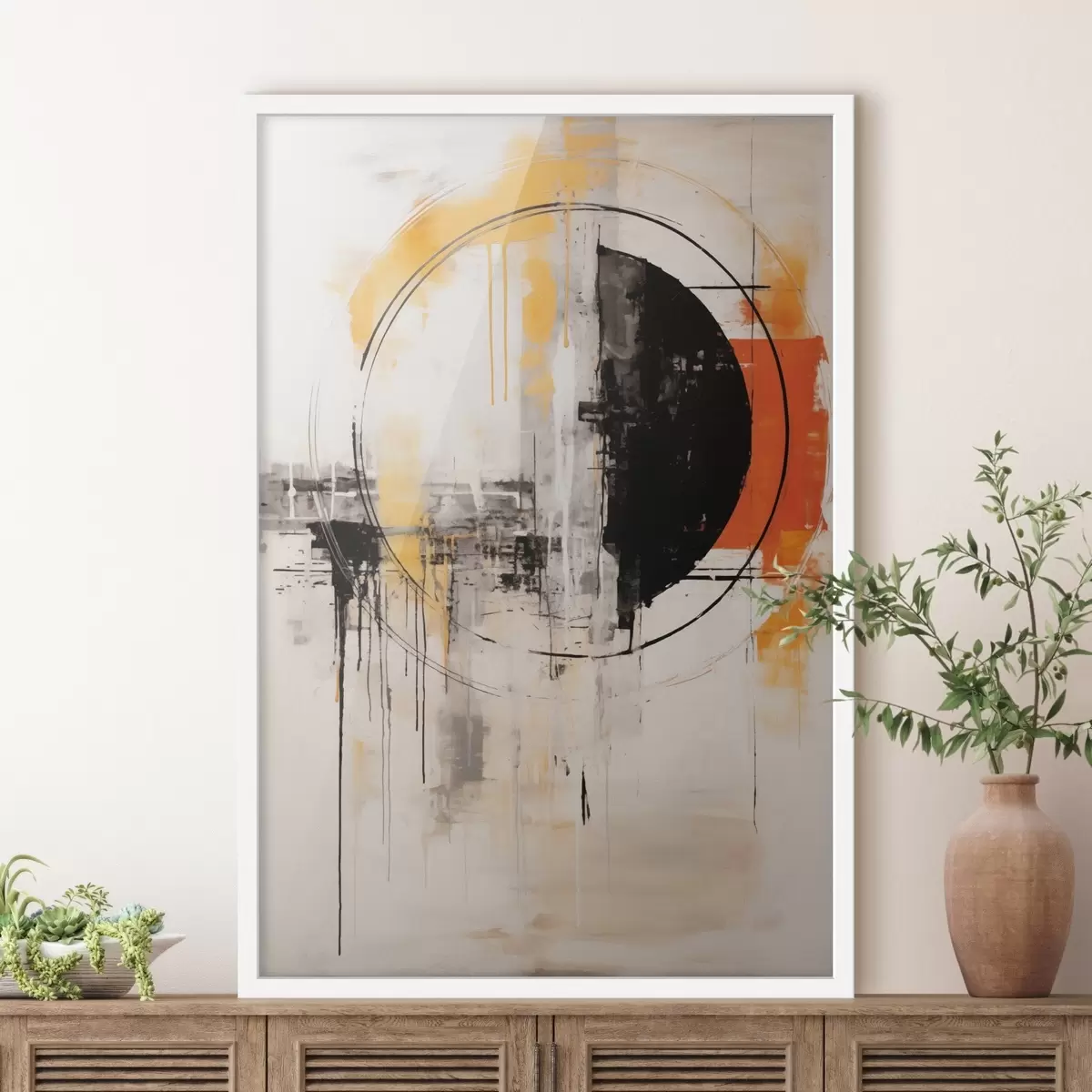 Plakatas Monochrominis oranžinis apskritimas su tekstūriniais lašais f46536