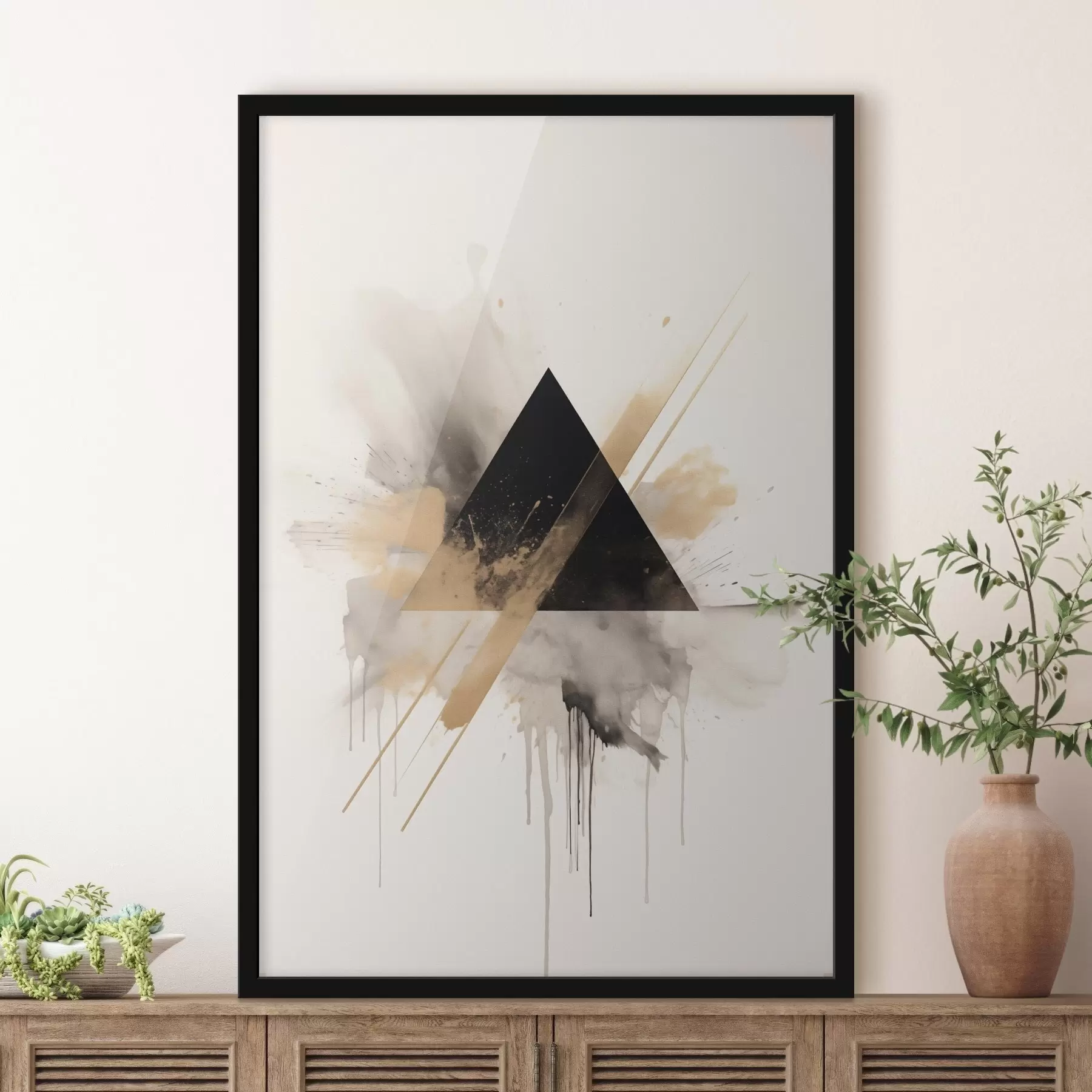 Fototapetai Geometrija: juodas trikampis su šviesiais purslais ir linijomis f46540