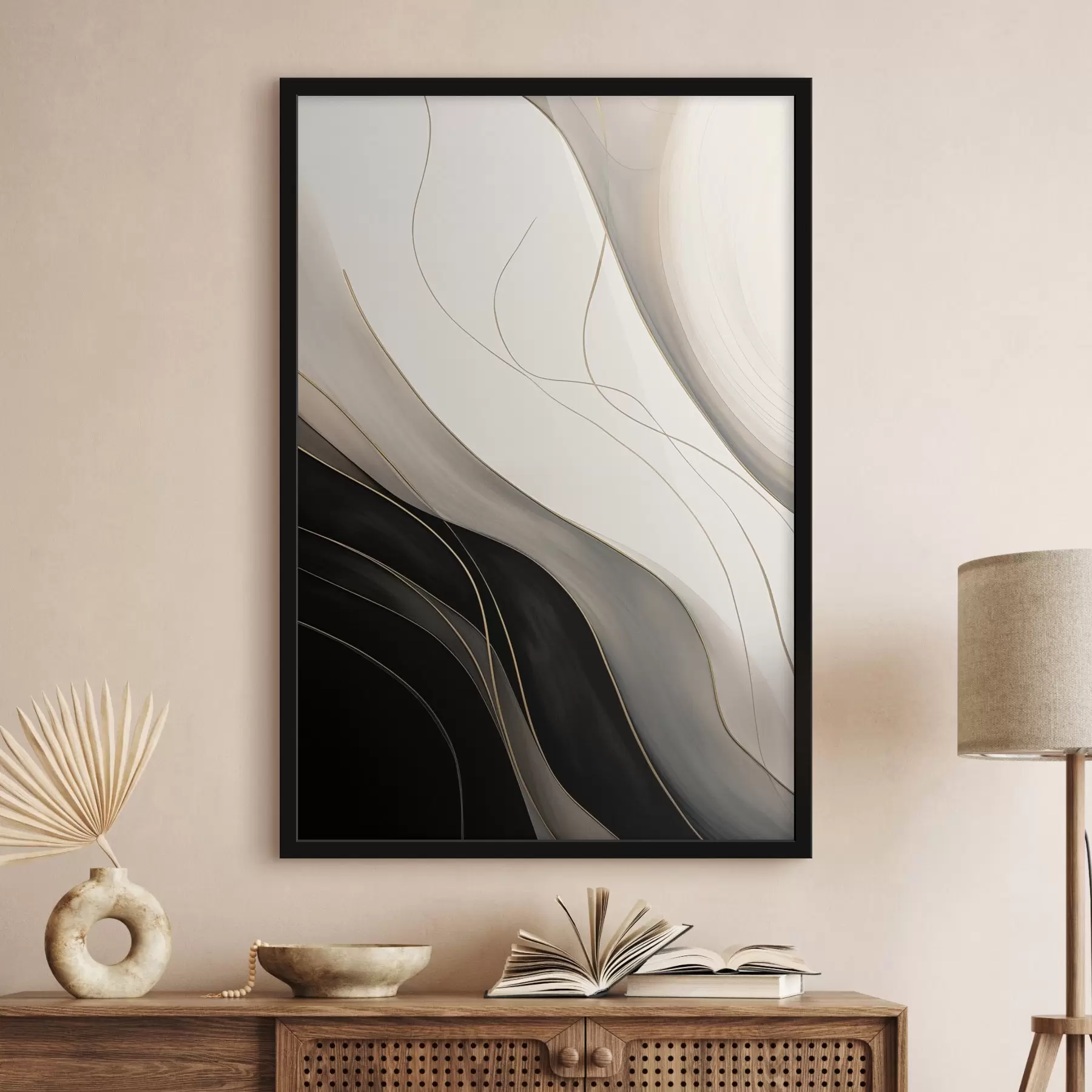 Fototapetai Juodos ir smėlio spalvos bangos su plonomis ochros spalvos linijomis f46541