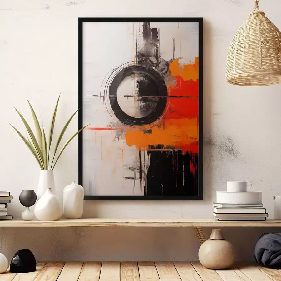 Fototapetai Juodas apskritimas ant balto fono, oranžiniai potėpiai ir purslai f46549