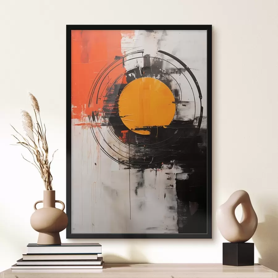 Fototapetai Oranžinis diskas juodame žiede, brūkšniai ir purslai f46550