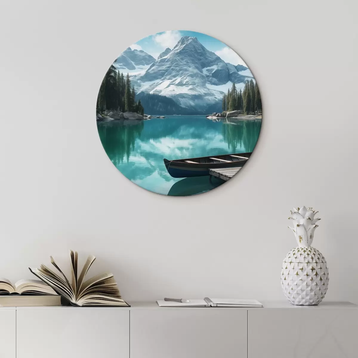 Apvalūs paveikslai Alpių ežeras su kanoja ir snieguotomis viršūnėmis r46481