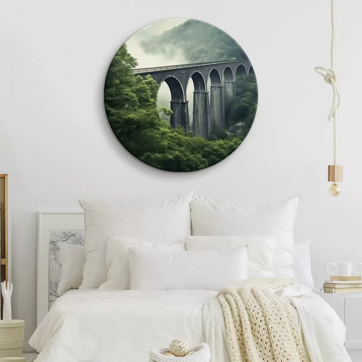 Apvalūs paveikslai Akmens viadukas virš rūko apgaubto miškingo slėnio r46483