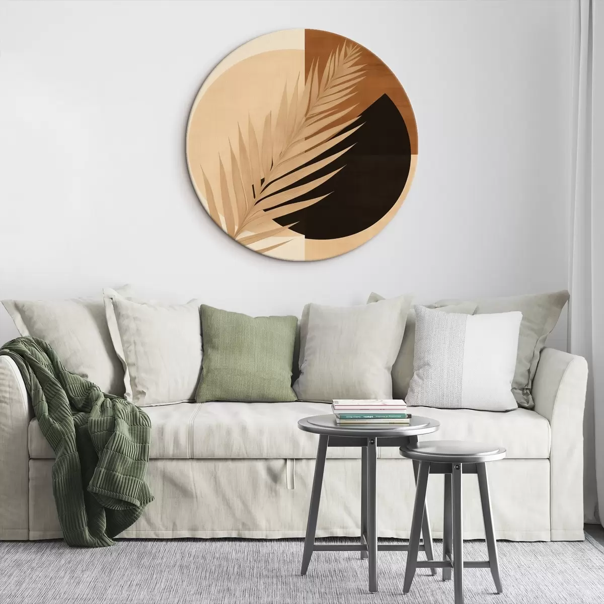 Apvalūs paveikslai Palmių lapai ant terakotos ir kreminės geometrijos r46490