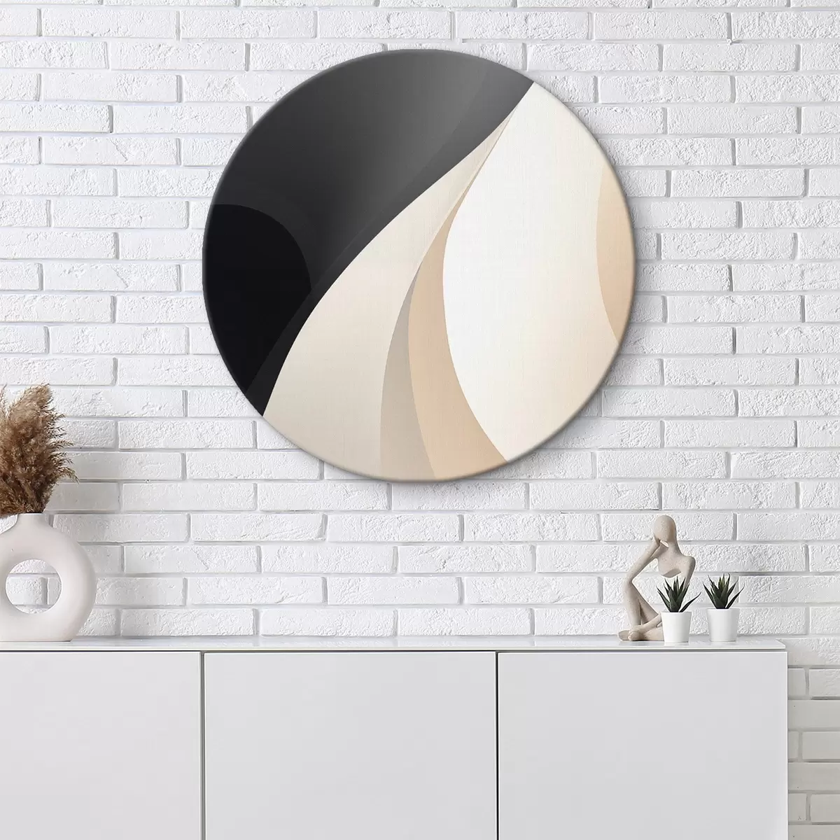 Apvalūs paveikslai Elegantiškos persidengiančios kreivės anglies, dramblio kaulo ir smėlio spalvų r46493