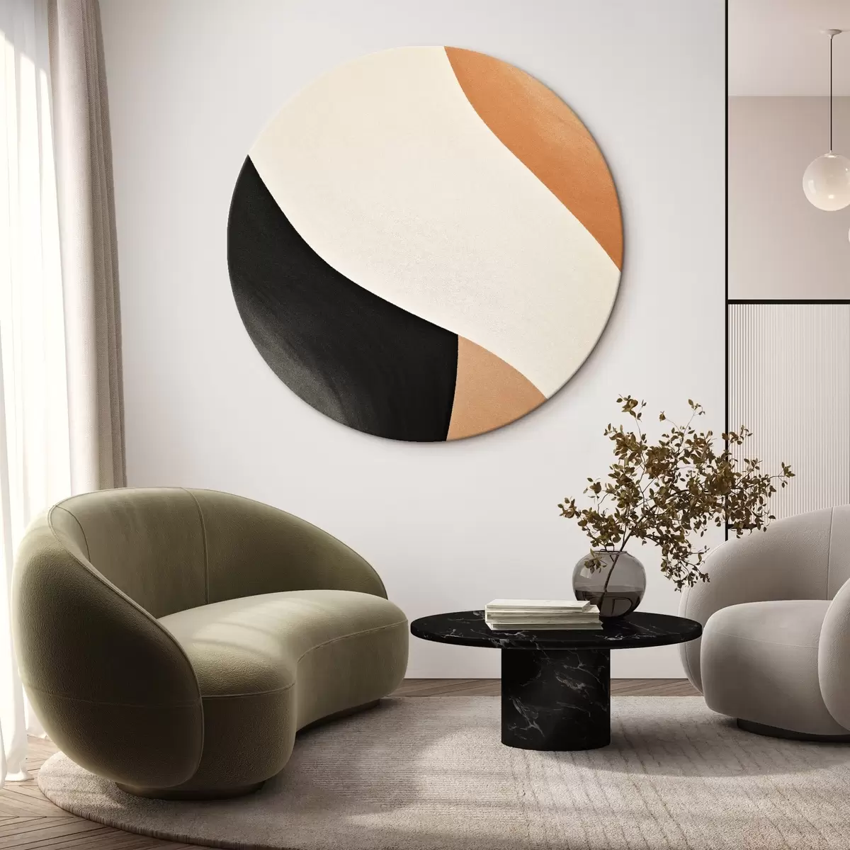 Apvalūs paveikslai Ryškus S-kreivės formos akcentas kreminės, juodos ir terakotos spalvų r46495