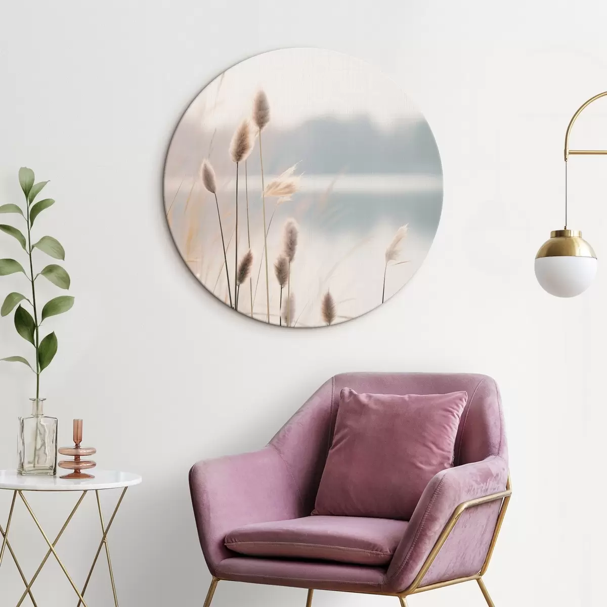 Apvalūs paveikslai Minkšti nendrės prie rūko apgaubto ežero kranto, pasteliniai smėlio atspalviai r46504