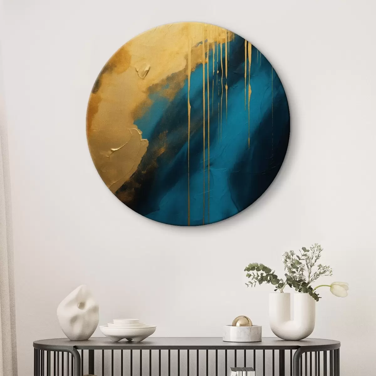 Apvalūs paveikslai Žalios ir tamsiai mėlynos spalvos abstraktus piešinys su tekančiais šiltais akcentais r46509