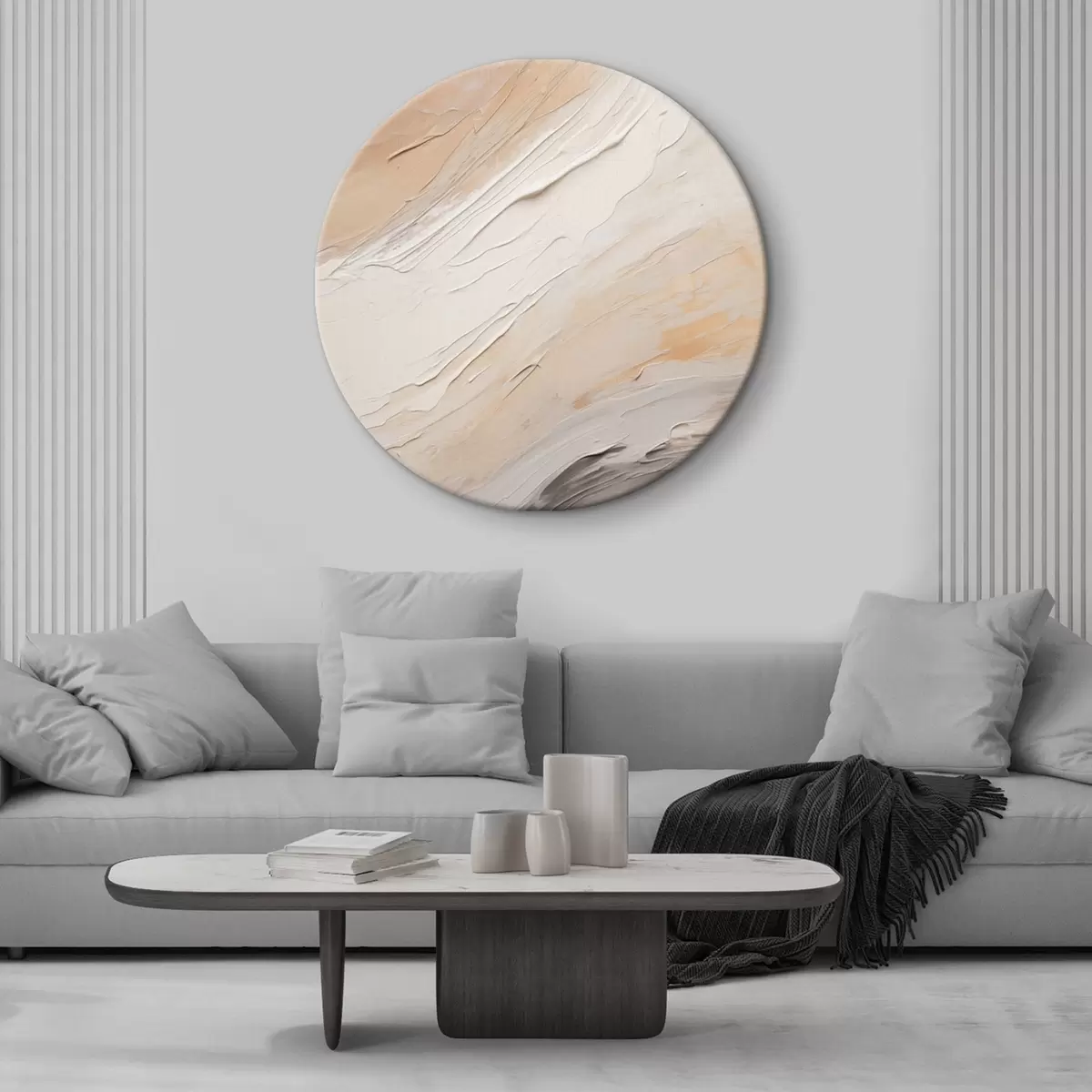 Apvalūs paveikslai Tekstūruotas tinkas su šiltos smėlio spalvos ir švelnios pilkos spalvos sūkuriais r46511