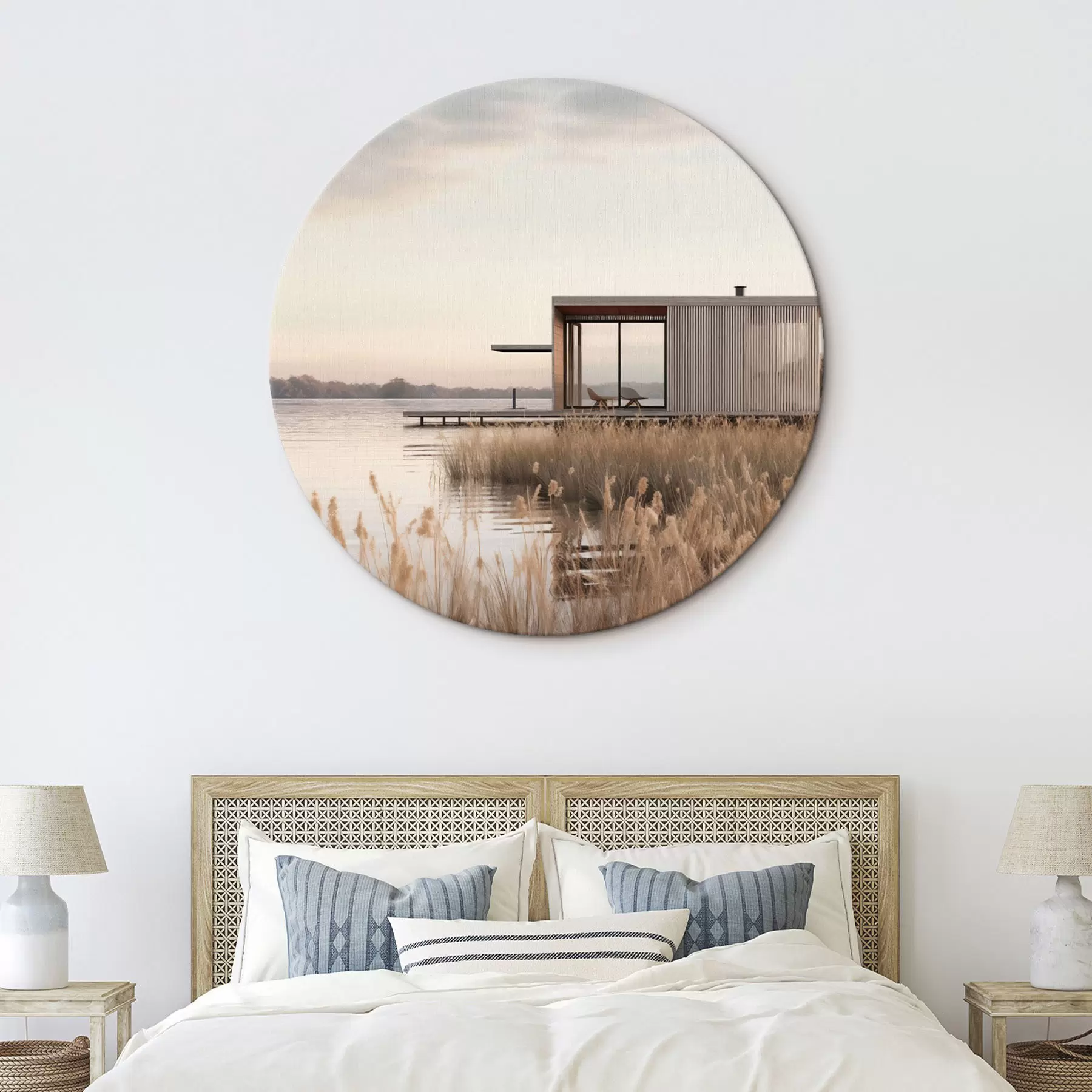 Paveikslėlis Šiuolaikiška namelis prie ežero, apsuptas nendrių, švelniame sutemų šviesoje r46513