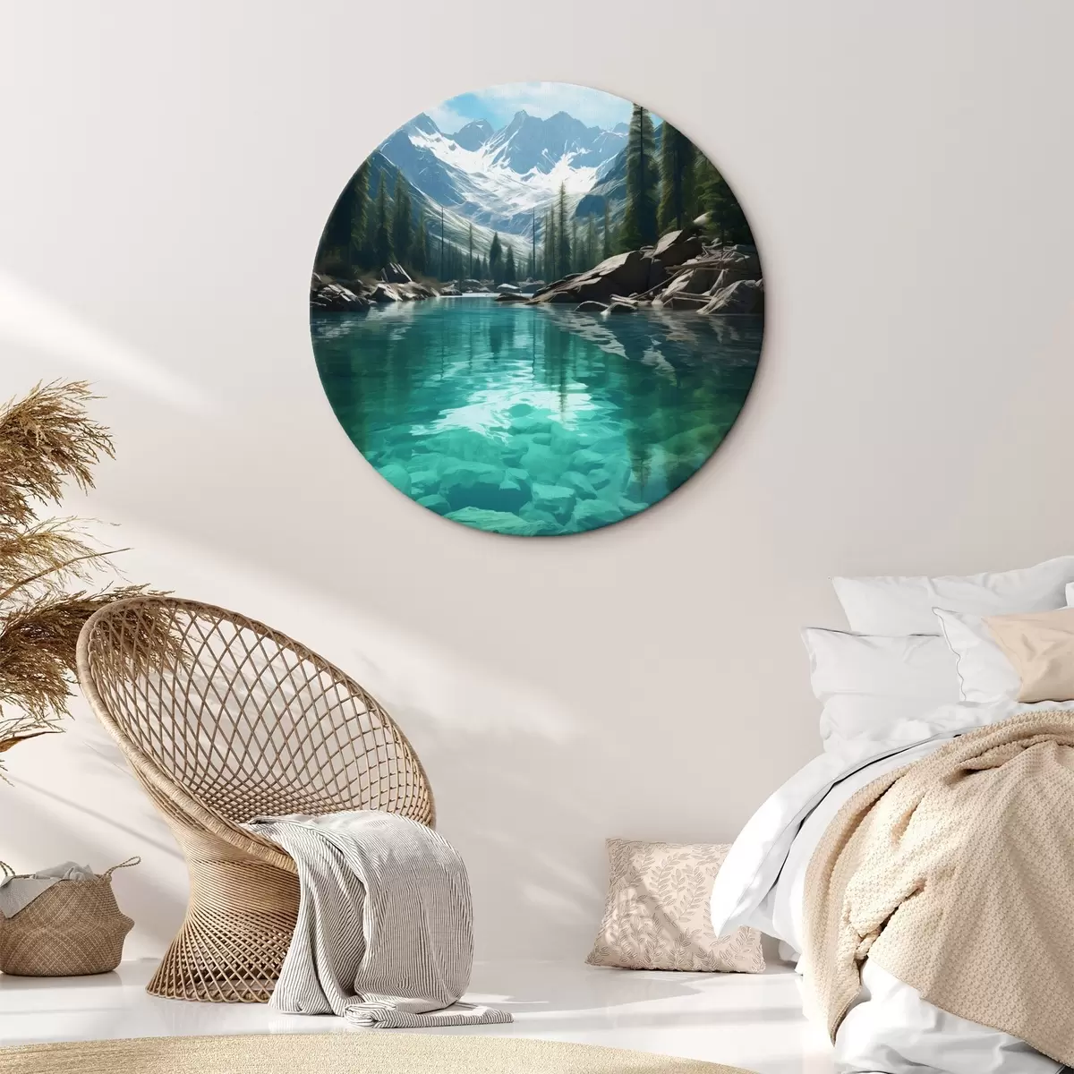 Apvalūs paveikslai Skaidri alpių upė su uolėtu dugnu ir snieguotomis viršūnėmis r46514