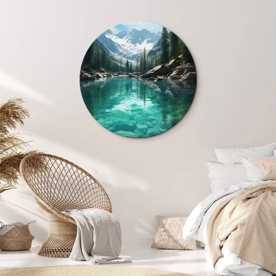 Paveikslėlis Skaidri alpių upė su uolėtu dugnu ir snieguotomis viršūnėmis r46514