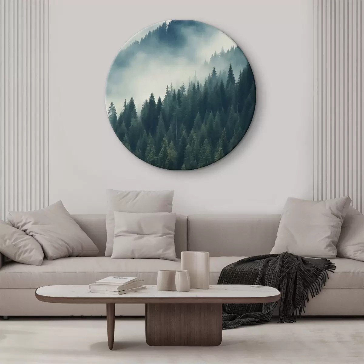 Apvalūs paveikslai Rūkas virš spygliuočių šlaitų, sodrios žalios spalvos r46516