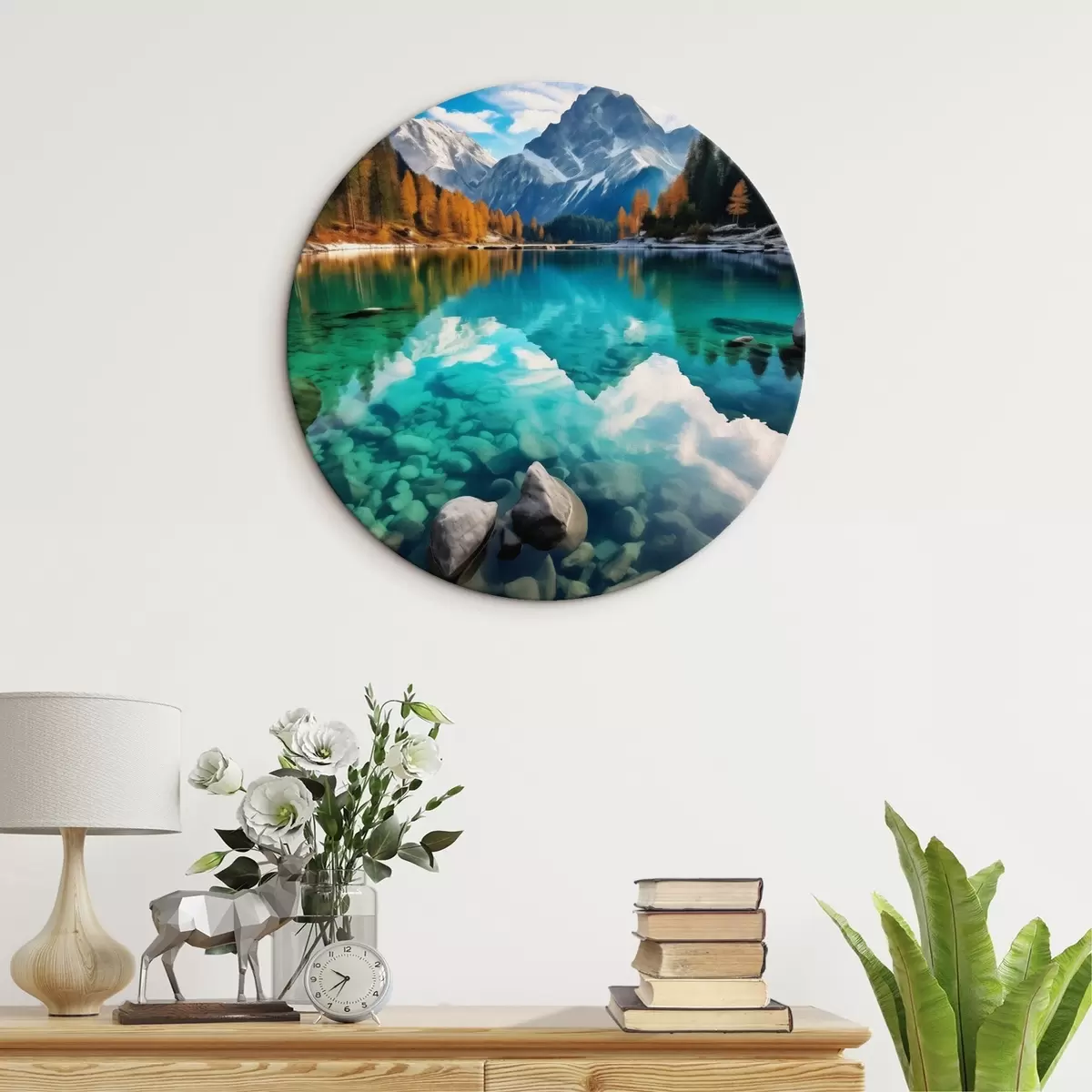 Apvalūs paveikslai Kalnų ežeras su turkio spalvos vandeniu ir rudens maumedžiais r46517