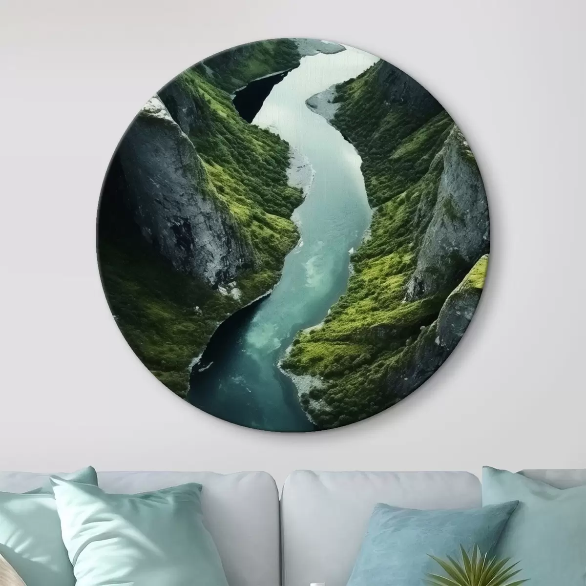 Apvalūs paveikslai Tarp uolų vingiuojanti upė, vaizdas iš paukščio skrydžio r46521