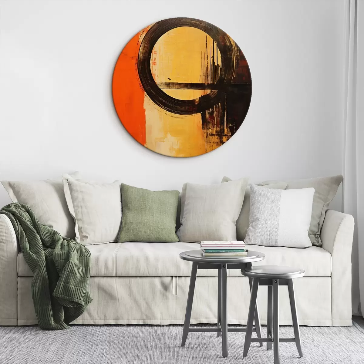 Apvalūs paveikslai Abstraktus piešinys su juodu žiedu ant terakotos smėlio fono r46529