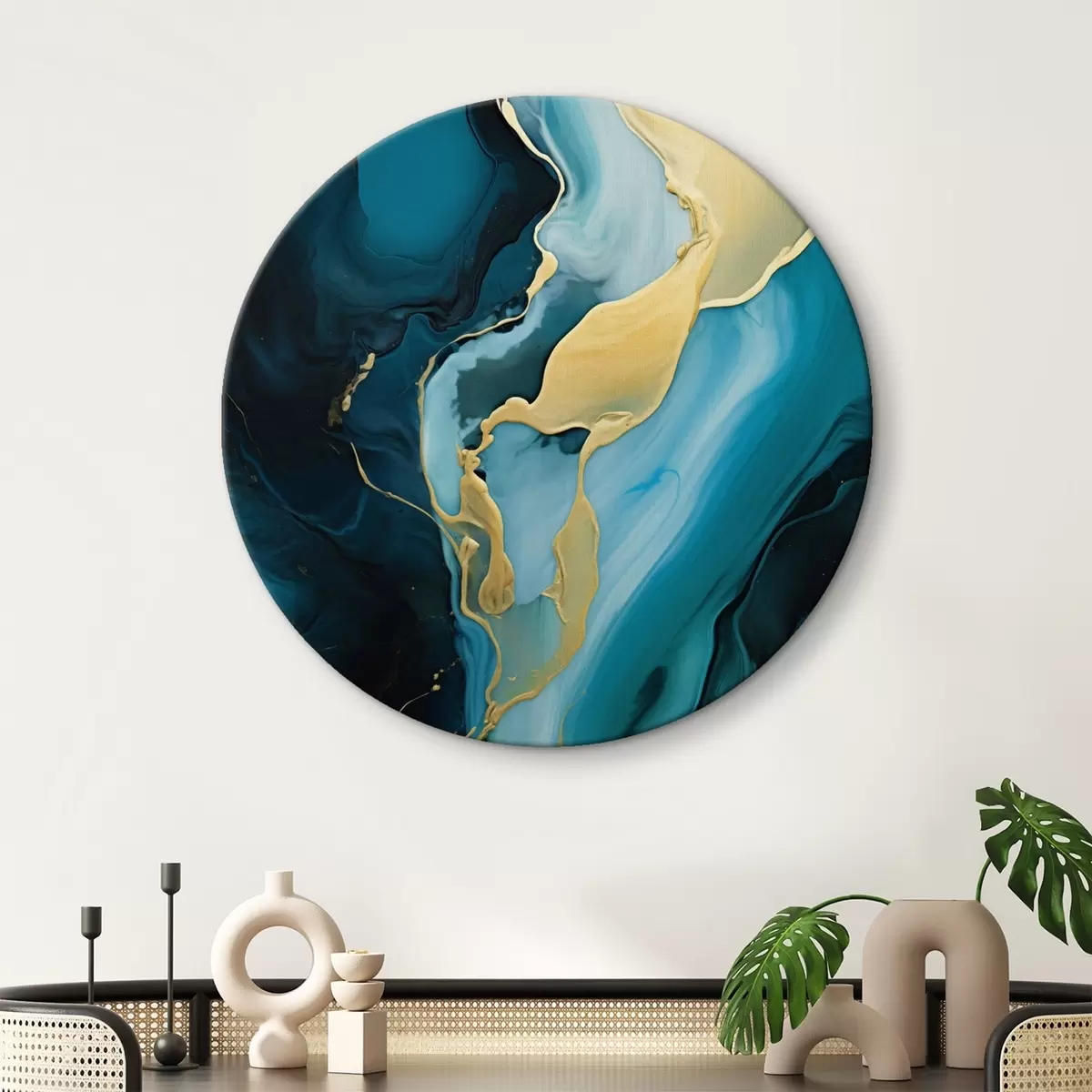 Apvalūs paveikslai Žalsvai mėlynas abstraktus su ochros srautu r46530