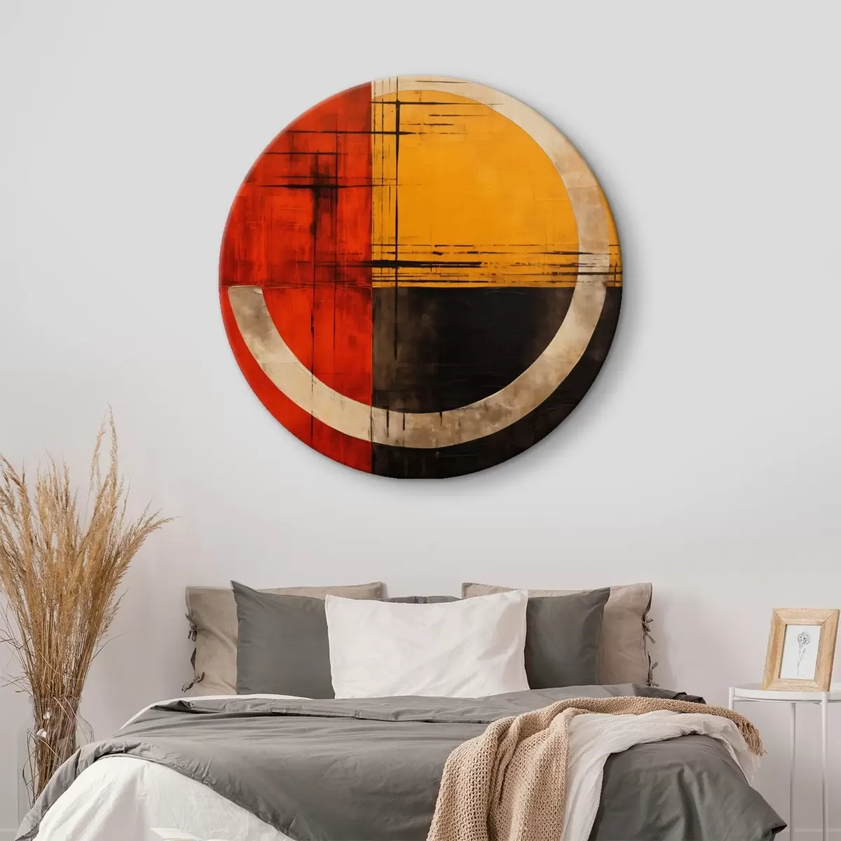 Apvalūs paveikslai Abstraktus ratas raudonai juodame fone su linijomis r46535