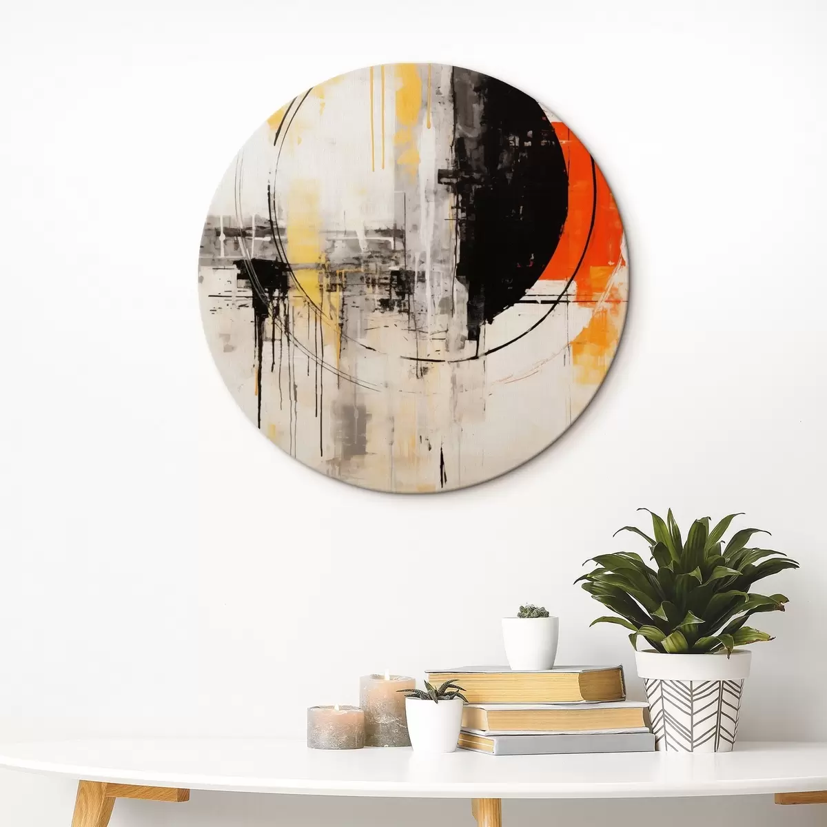 Apvalūs paveikslai Monochrominis oranžinis apskritimas su tekstūriniais lašais r46536