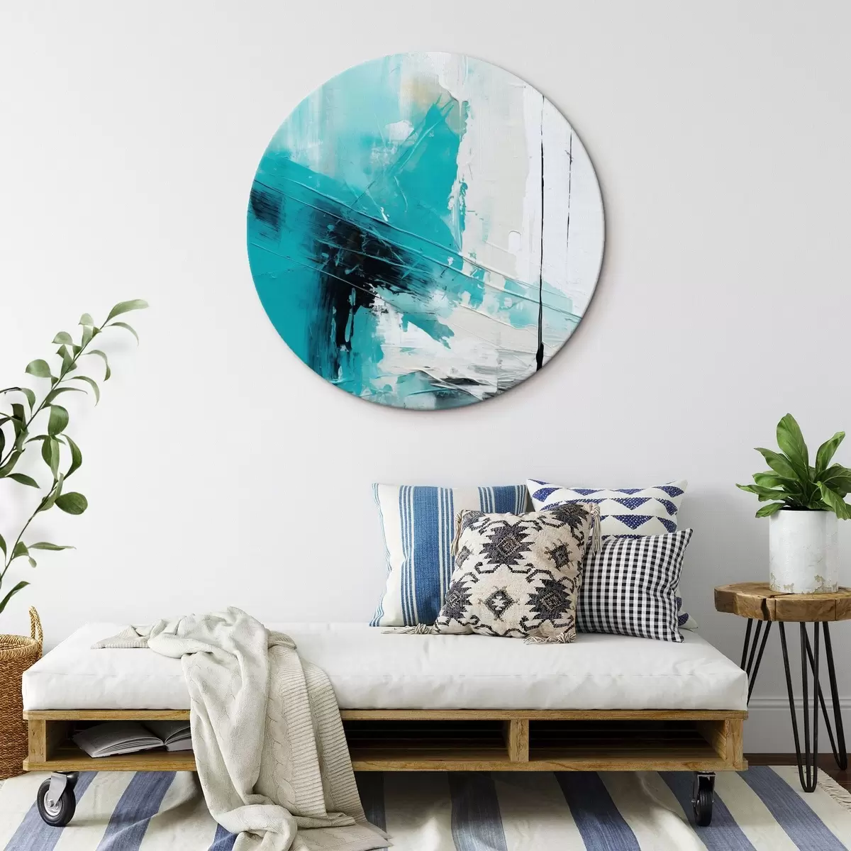 Apvalūs paveikslai Turkio spalvos potėpiai ant balto fono su juoda brūkšnele r46545