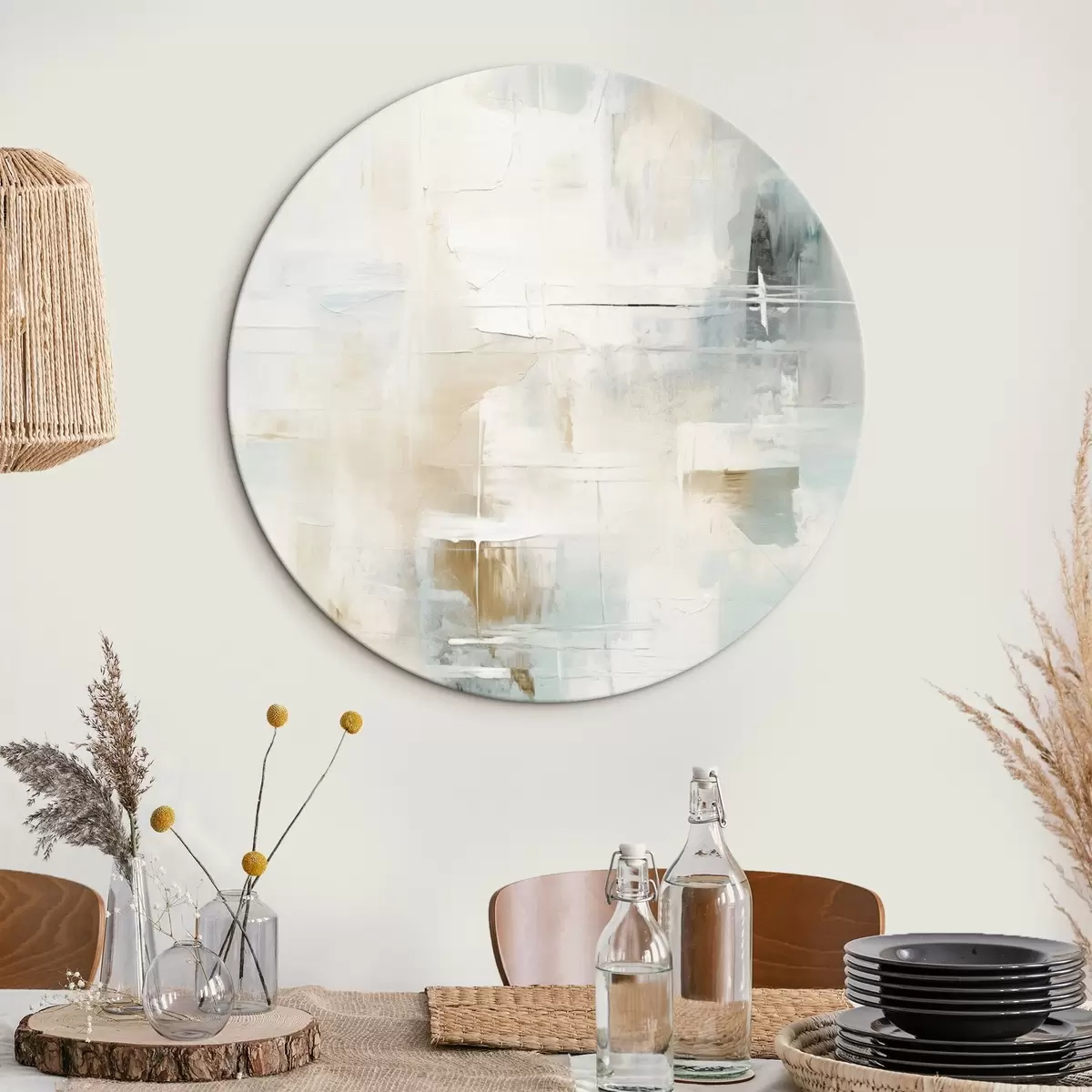 Apvalūs paveikslai Oro gaivūs mėlynos ir smėlio spalvos potėpiai ant balto fono r46547