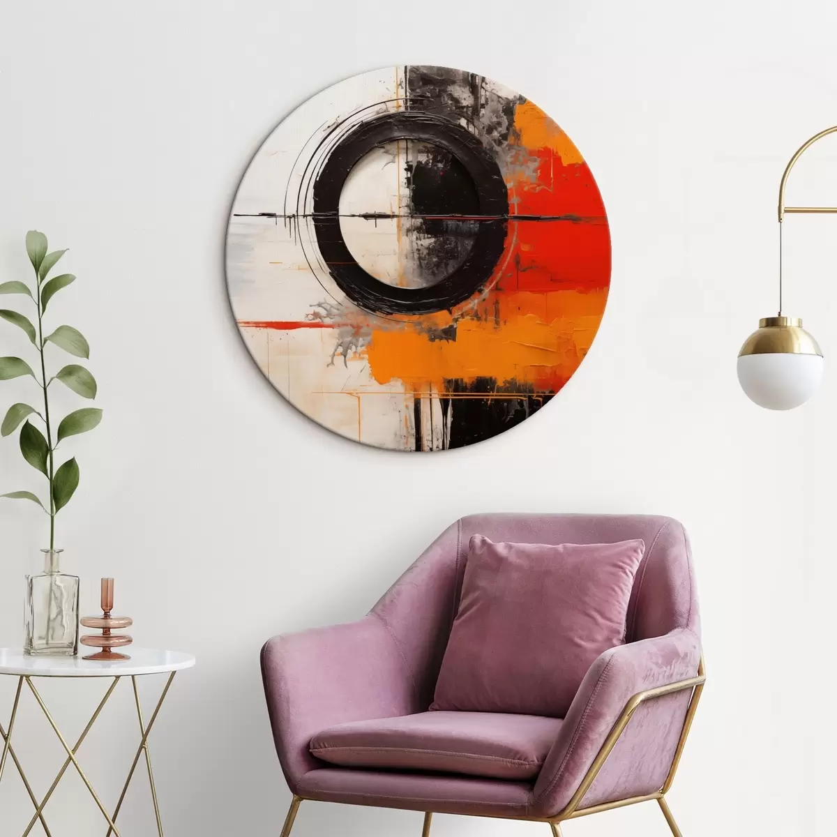 Apvalūs paveikslai Juodas apskritimas ant balto fono, oranžiniai potėpiai ir purslai r46549
