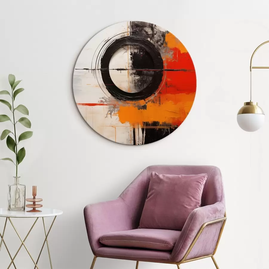 Paveikslėlis Juodas apskritimas ant balto fono, oranžiniai potėpiai ir purslai r46549