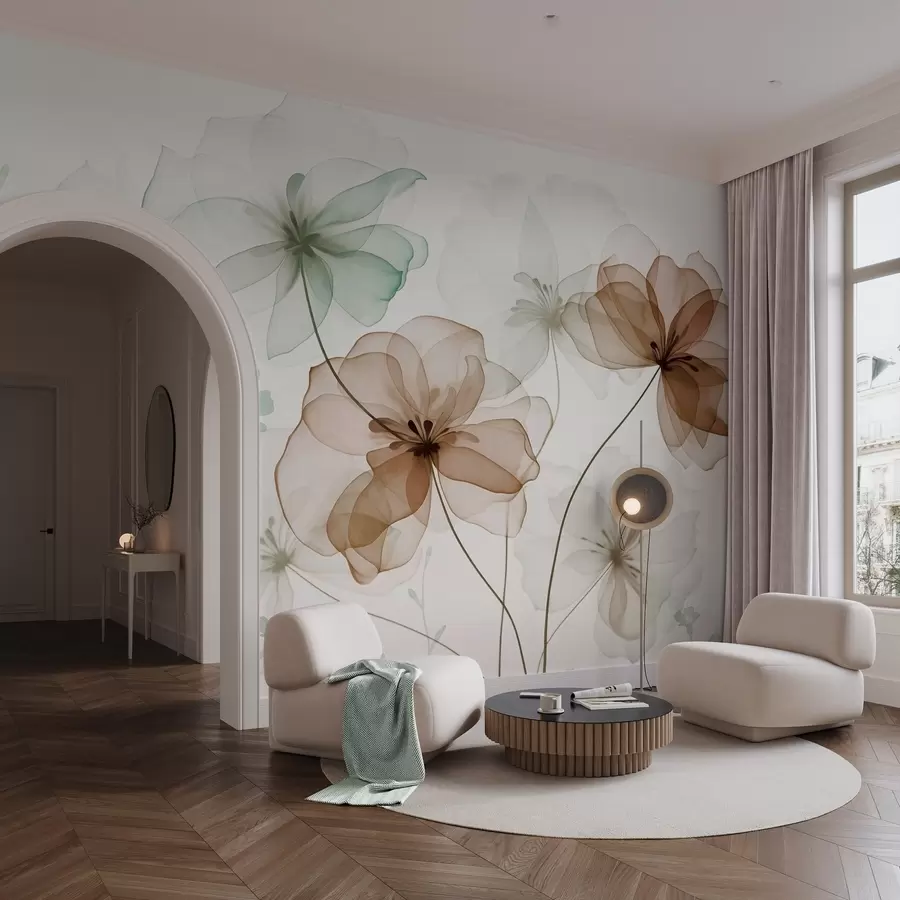 Fototapetai Permatomi gėlės su rudais ir žaliais žiedlapiais, ilgais stiebais, šviesiu fonu, švelniomis spalvomis, tekstūruotu gėlių dizainu. w09529