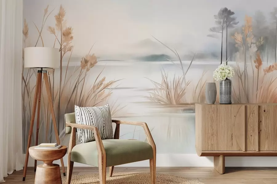 Fototapetai Pejzažas su ežeru ir aukšta žole priešakyje, kalnai fone, švelnios spalvos, tekstūruotas w09534