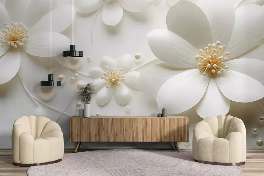 Fototapetai Balta gėlė su perlų taškeliais ant balto fono, elegantiškas ir minimalistinis dizainas, tekstūruotas w09535