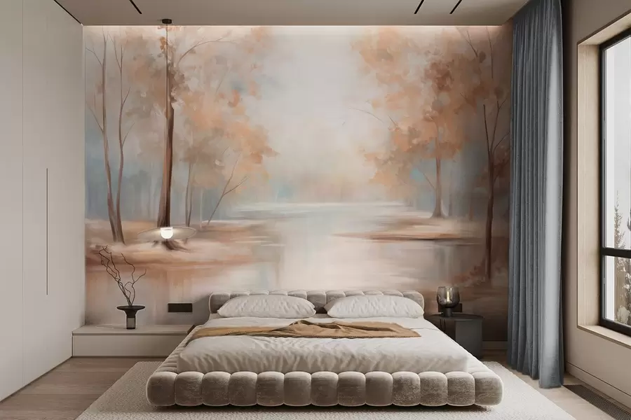 Fototapetai Rudens tekstūruotas peizažas su medžiais ir upe, švelnios spalvos, šviesi ir erdvė atmosfera, rami ir taiki scena w09541