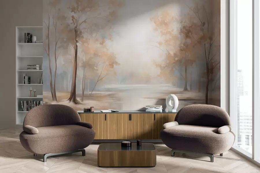 Fototapetai Rudens tekstūruotas peizažas su medžiais ir upe, švelnios spalvos, šviesi ir erdvė atmosfera, rami ir taiki scena w09541